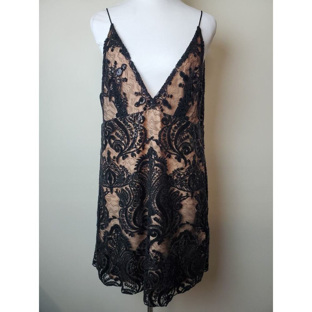Free People 10 Women Black Sequined Lace Party Formal Night Shimmers Mini Dress - Picture 9 of 16